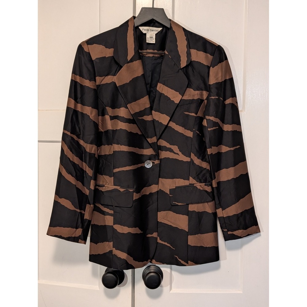 Vintage Paolo Santini 100% Silk Zebra Print Blazer Brown Black Jacket Size 6